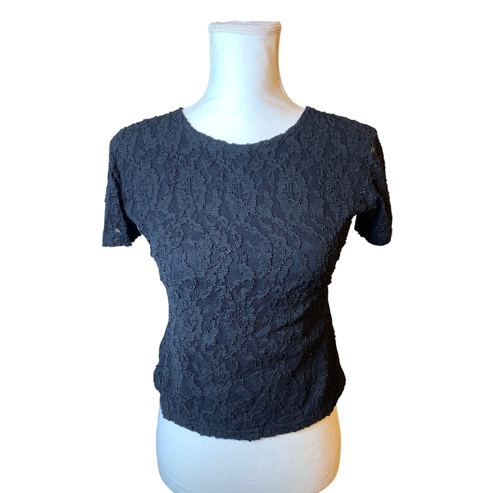 Vintage Jonden by Linda Leal Womens Black Floral Lace Short Sleeve Top Medium